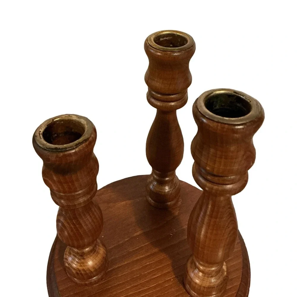 Vintage Wood Triple Taper Candle Holder Tiered‎ Candelabra Brown Brass Accents